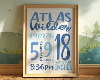 Personalized Baby Boy Blue Birth Stats Print, Newborn Birth Announcement Sign, Blue Navy Nursery Wall Art, Custom Baby Boy Shower Gift