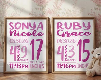 Custom Twin Girls Birth Statistics Prints, Personalized Newborn Baby Gift, Pink Nursery Decor, Birth Announcement, Digital Download Wall Art