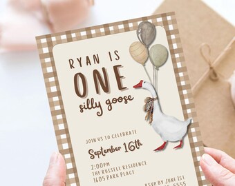 First Birthday Party Invitation, One Silly Goose, Gender Neutral Theme, Tan Brown Gingham Balloon Invite, DIY Canva Printable, Vertical 5x7