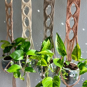 Puede incluir: Tres maceteros colgantes de macramé con anillos de madera y cuentas de cristal, cada uno con una planta en maceta en una maceta de bola de discoteca plateada.