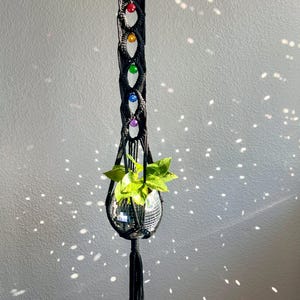 May include: Black macrame plant hanger with a disco ball planter and a green plant. The hanger has rainbow colored beads.