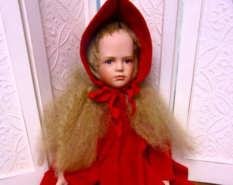 Large Vintage Doll 23" Bisque/Porcelain & Cloth Mischievous Face Dressed in Red Cape and Hood