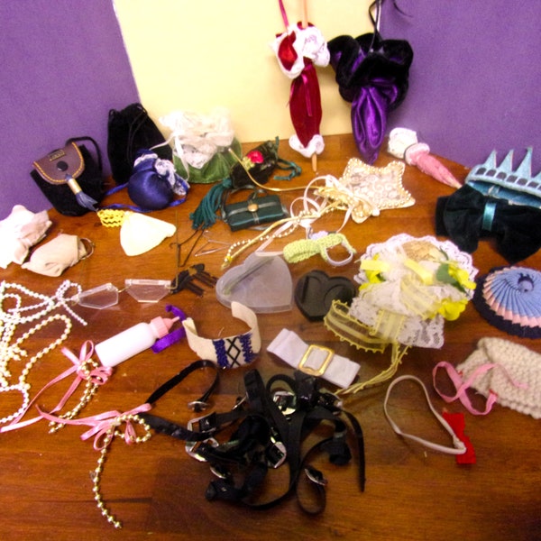 Vintage Doll Accessories Lot Hats Belts Purses Parasols Odds & Ends Big Bundle Harvested From Old Dolls