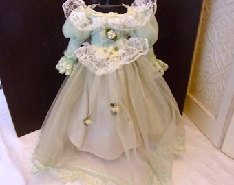 Vintage Doll Dress Pale Celadon 14" Long Sheer Chiffon & Satin Victorian Style For Antique and Vintage Dolls and Displays
