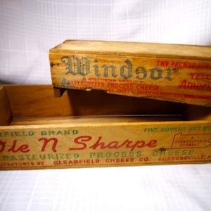 Antique Wood Cheese Box Lot of 2 Clearfield & Windsor Brands Great Stamping Graphics Aged Primitive Some Damage Good Farmhouse Decor