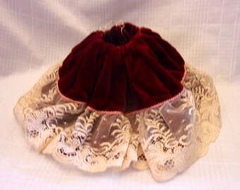 Vintage Handmade Doll Skirt Maroon Velvet w/Ecru Lace Antique Style 8" Long w/Adjustable Waist For French German Dolls and Displays