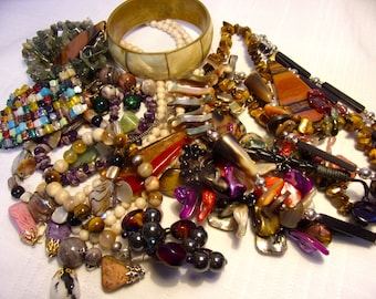 Stone Jewelry Lot Stone Beads Glass Shell etc. Beautiful Nature-Inspired Pieces, All Wearable & Also Good For Resale