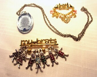 Vintage Mother's Day / Mom-Themed Jewelry Bundle Lot 1 Necklace + 2 Brooch Pins Metal Glass Rhinestone Charms Nice For Gift Giving