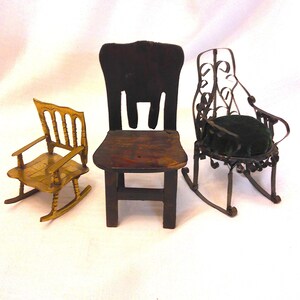 Antique Small Doll Chairs Bundle Lot of 3 Miniatures Brass Wood Tin For Larger Dollhouse & Smaller Dolls, Curio Cabinet, Diorama, etc.