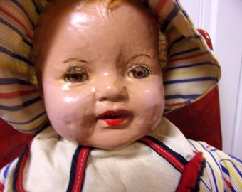 Large Creepy Antique Baby Doll 20" Composition & Cloth Intense Odd Tin Eyes Has Been Repainted For Display or Spooky Oddities Collections