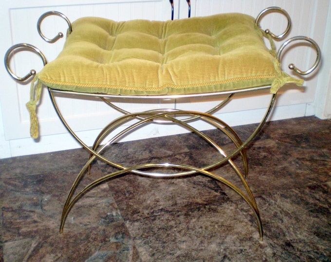 Vintage METAL VANITY BENCH Brass Gold Tone Stool Stand Mid Century Mod