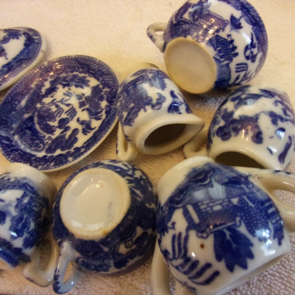 Vintage Blue Willow Children's Dishes Bundle Lot Tea Cups Lids Plates Pitchers Misc. Mixed Lot of Collectible Child Dolls China