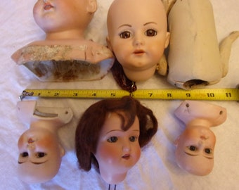 Antique German Bisque Doll Heads & Compo Body For Parts Repair Fixer Upper Lot Armand Marsaille Heubach Bundle Lot