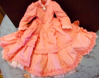 Vintage Pink Doll Dress 14" Victorian Style w/Lace Trim and Ruffles For Antique and Vintage French & German Dolls and Displays