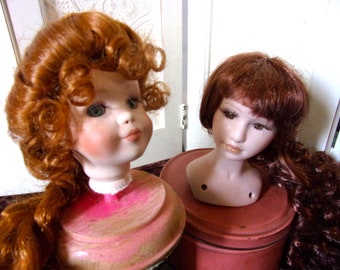 Pair of Vintage Doll Heads Both w/Red Hair & Signed Porcelain/Bisque For Parts Dolls Repair Oddities Display