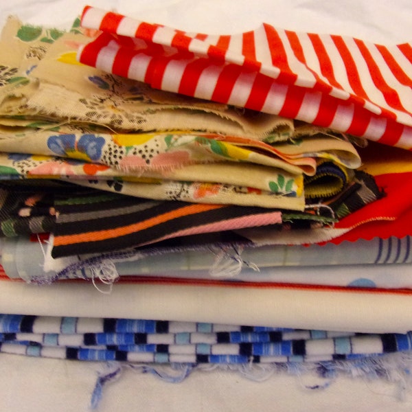 Vintage Fabric Scraps Bundle Lot Retro Mod Cotton For Doll Clothes & Hats Quilts Textile Art Craft Projects Junk Journal Use, etc.