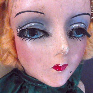 Antique French Boudoir Doll Bette Davis Face Compo & Cloth w/Bosom 24&quot; Mohair Wig &quot;Real&quot; Lashes Authentically Aged Brocante Display Dolls