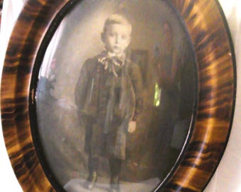 Large Antique Oval Framed Photo Portrait Young Boy Convex Bubble Glass Wall Art