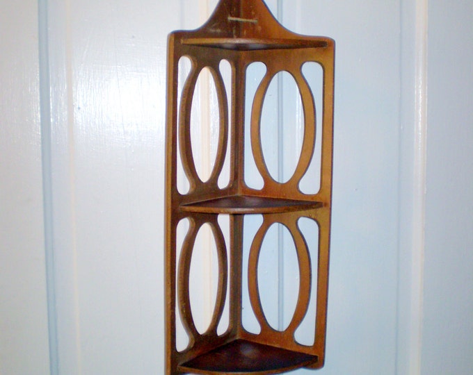 Vintage WOOD CORNER SHELF 24 Carved Mod Style Folk Art Mid Century Mod