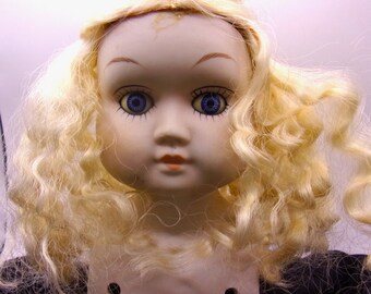 Vintage Bisque Doll Head 5" w/Curly Blonde Hair, Bright Blue Eyes Signed Zasan 7 Pat. P. For Parts Antique Dolls Repair & Making Displays