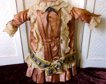 Large Antique French Doll Dress 14.5" Brown Satin Drop Waist Edwardian Style For Antique & Vintage Dolls and Displays