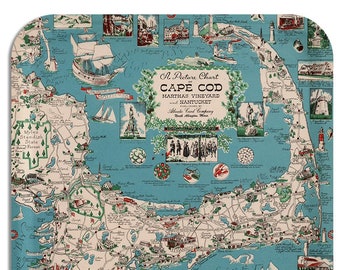 Cape Cod Gifts | 1955 Cape Cod Decor Map Tray - Vintage Serving Tray, Nantucket Gifts, TV Tray, Drink Tray, Serving Platter, Christmas Gifts