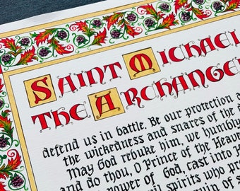 St. Michael Prayer print, archangel, catholic, traditional, christian, medieval, calligraphy, blackberries, michaelmas, hand lettering