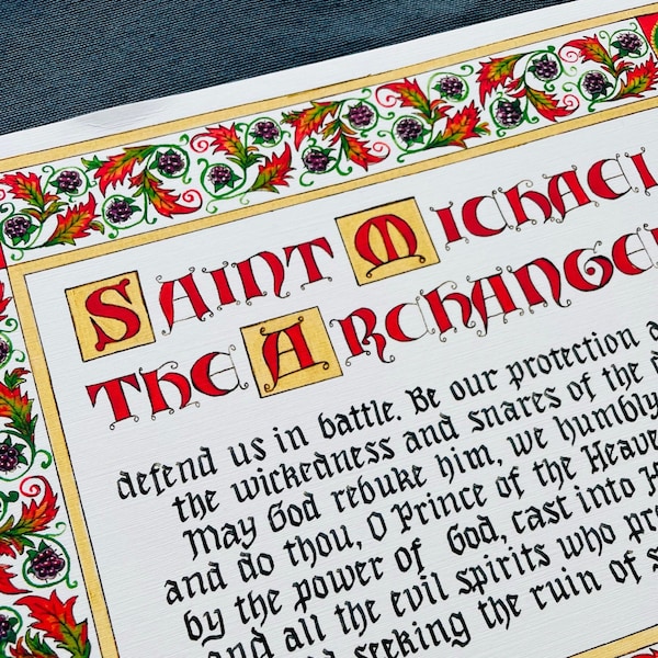 St. Michael Prayer print, archangel, catholic, traditional, christian, medieval, calligraphy, blackberries, michaelmas, hand lettering