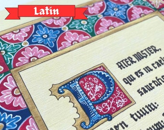 Impresión del Pater Noster / Oración en latín, Padre Nuestro, católica, tradicional, cristiana, medieval, caligrafía, letras a mano, iluminada