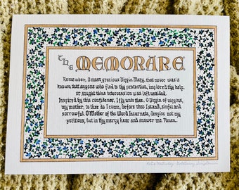 Memorare prayer print, Mary, Marian, floral, our lady, catholic, traditional, christian, medieval, calligraphy, hand lettering