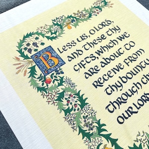 May include: An illuminated manuscript page with ornate floral border. The text reads "Less us, O Lords, and These thy Gifts, which we are about to Receive from Thy bounty through our Lords."