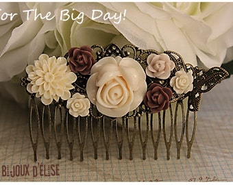 Wedding Hair Comb Ivory and Coffee Flower Hair Comb Wedding Comb Bridal Comb Bridesmaid Comb Art Nouveau Style Romantic Comb (HC20-HC28)