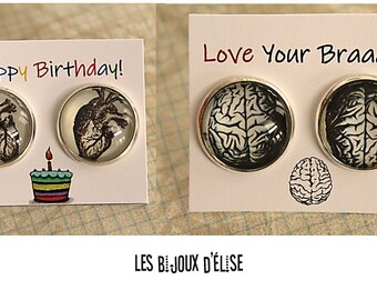 Human Brain Earrings Stud or Human Heart Studs Anatomical Studs Earrings- Love Your Brain Post Earrings - Gift Earrings - 18mm (BO38 no2)