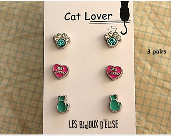 3 Pairs of Cat Lover Black Or Green Cat Post Earrings Stud Earrings sets Cat Paw Cat Lover Studs (BO59-BO84)