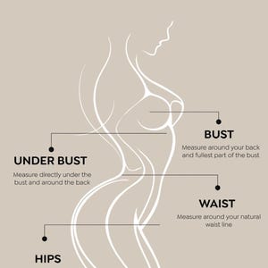 May include: A beige graphic with the text "GIRL TALK SWIMWEAR" and a stylized illustration of a woman's body. Measurement points for bust, under bust, waist, and hips are labeled with instructions.