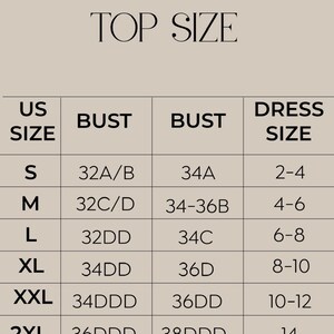 May include: A size chart for Girl Talk swimwear tops. The chart includes US sizes, bust measurements, and dress sizes. Sizes range from S to 2XL, with bust measurements in inches. The chart also includes a QR code.