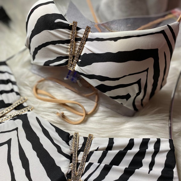 Fuchsia Black Zebra Print Two Piece Swimsuit main image 0