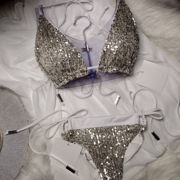 Silver Sleeveless Sequins Embellished Bikinis