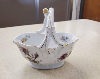 Moss Rose Handled Bowl On Sale Vintage Tilso Oval Dish Floral Basket White with Gold Highlights Ruffled Porcelain