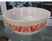 On Sale Rare Pyrex, Friendship Pattern 403, 2.5 Quart Mixing Bowl, White with Red and Orange Flowers and Red Birds