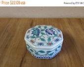 On Sale Blue Imari, Otagiri of Japan, Octagon Jewelry or Trinket Box, White, Blue, Green Flowers