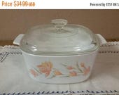 On Sale A 3 B Peach Floral Corning or Pyrex Casserole Dish 3 Liter Bowl with Lid Serving Glass Collectible Kitchen Decor