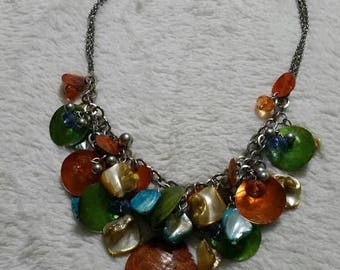 On Sale Victorian Style Rainbow Rhinestone and Brown Bead Square Pendant Necklace Costume Jewelry Fashion Accessory