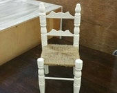 On Sale Small White Wood and Brown Twine, Ladder Back, Doll Chair, Vintage Doll Display or Older Child Toy