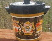 On Sale Themo Serv, Ice Bucket, Black Lacquer Ware, Gold and Orange Kitchen Tools Design, Vintage Barware