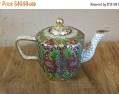 On Sale Miniature Circa 1935s Cloisonne Chinese Brass and Enamel Teapot, Collectible Vintage Curiosity Shelf Decor, with Original Stand