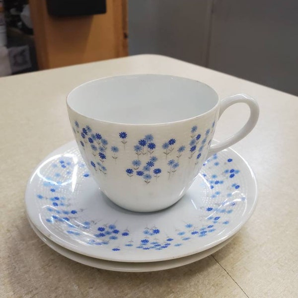 Sheffield China, Rhapsody Design, Tea Cup with 2 Saucers, Porcelain, Made in Japan, Light & Dark Blue Flowers