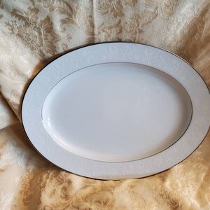 Noritake Ranier , 16 inch Oval Platter,  White On White Floral Decor, Platinum Trim, Large Turkey Serving Tray