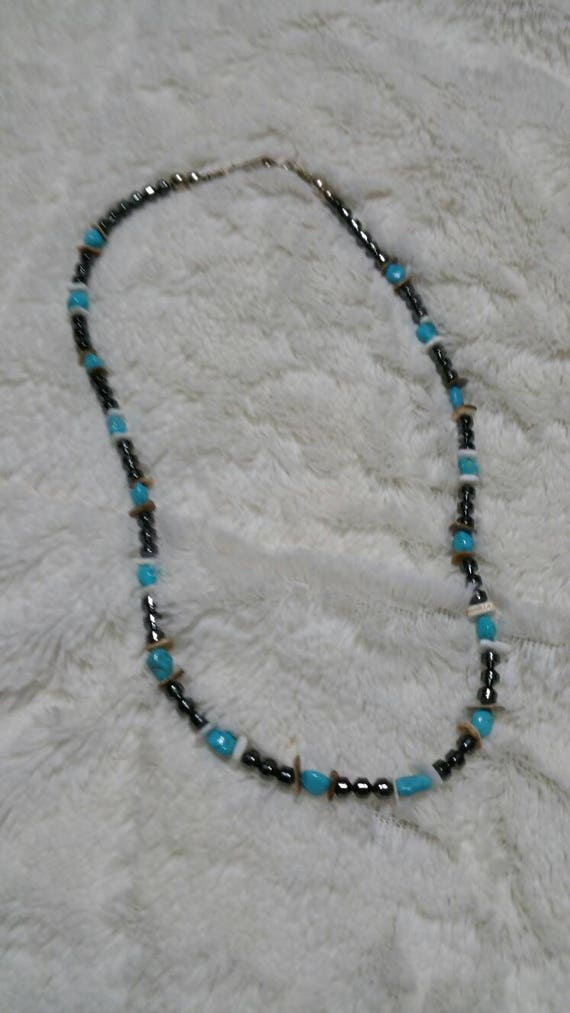 Black Hematite Faux Turquoise and  Plastic Bead 1… - image 1