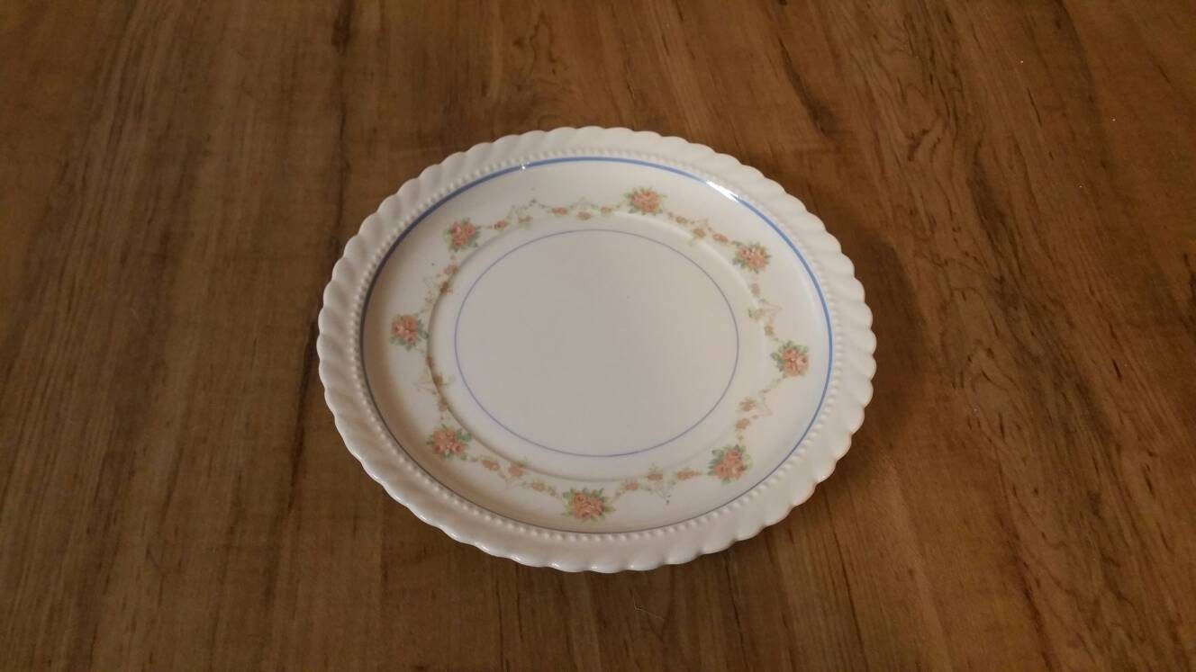 Rare Find, Mount Vernon, Made in the USA, 6.25 inch Dessert Plate with Pink Rose Swag, Ruffled Dish
